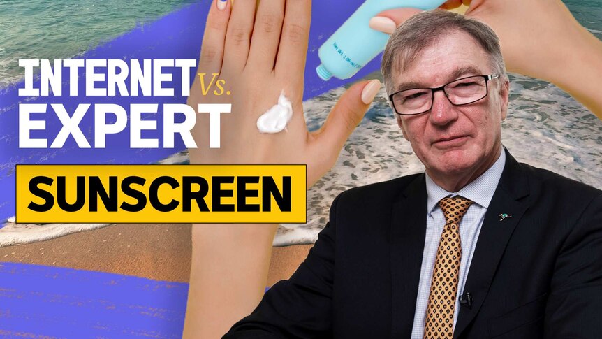 Collage of dermatologist, a hand applying sunscreen and the title: Internet vs Expert sunscreen