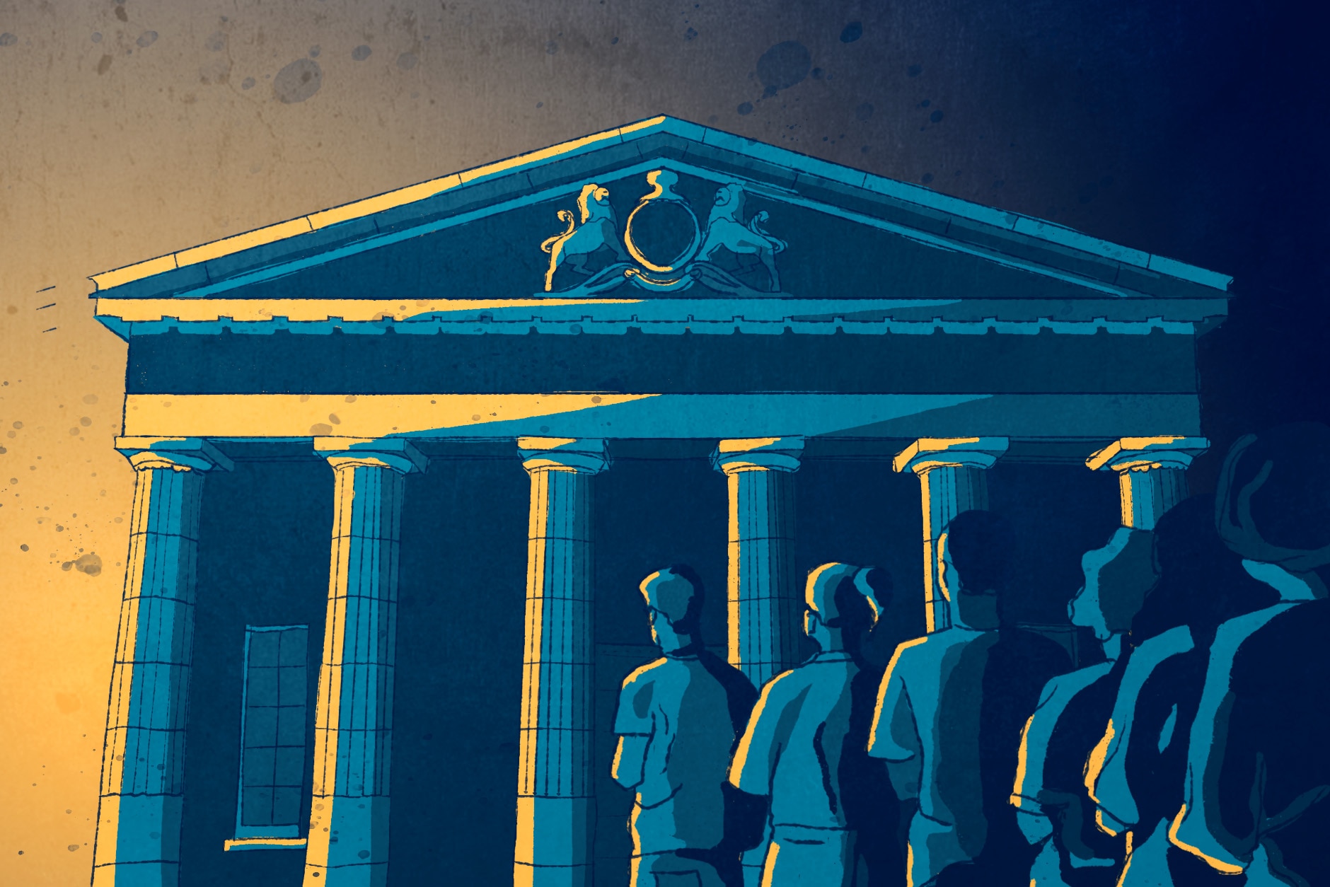 An blue and orange illustration showing a line of people outside a stylised courthouse. 