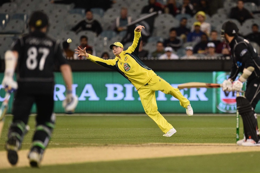 Steve Smith leaps to take a catch in third ODI against New Zealand