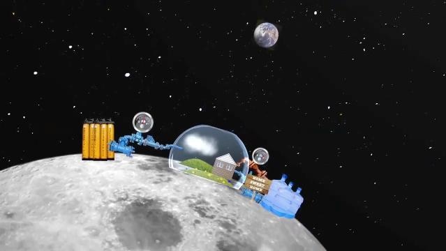 Animated image of glass dome and gas tanks on the moon