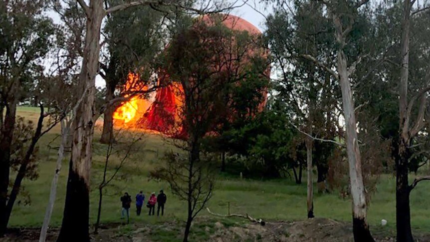 Through trees, the flames of a landed burning hot air balloon can be seen.