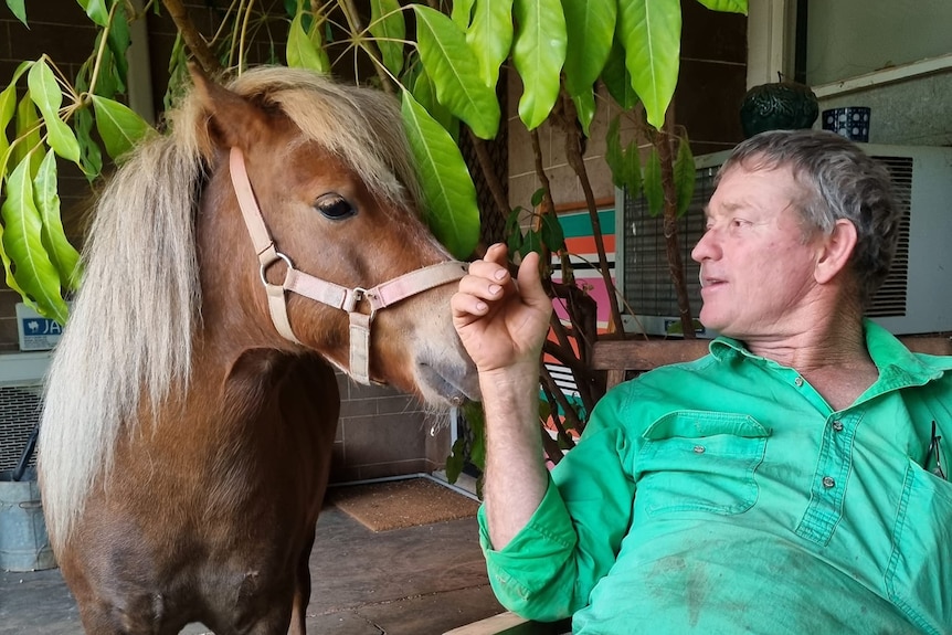 A man in a green top patting a shetland pony.