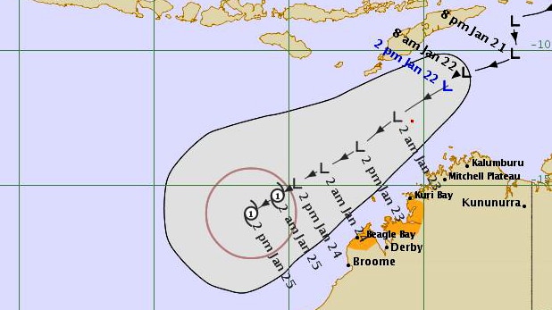 A map showing the predicted path of a tropical low off WA's north coast with its expected development into a cyclone.