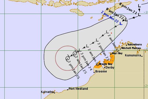 A map showing the predicted path of a tropical low off WA's north coast with its expected development into a cyclone.