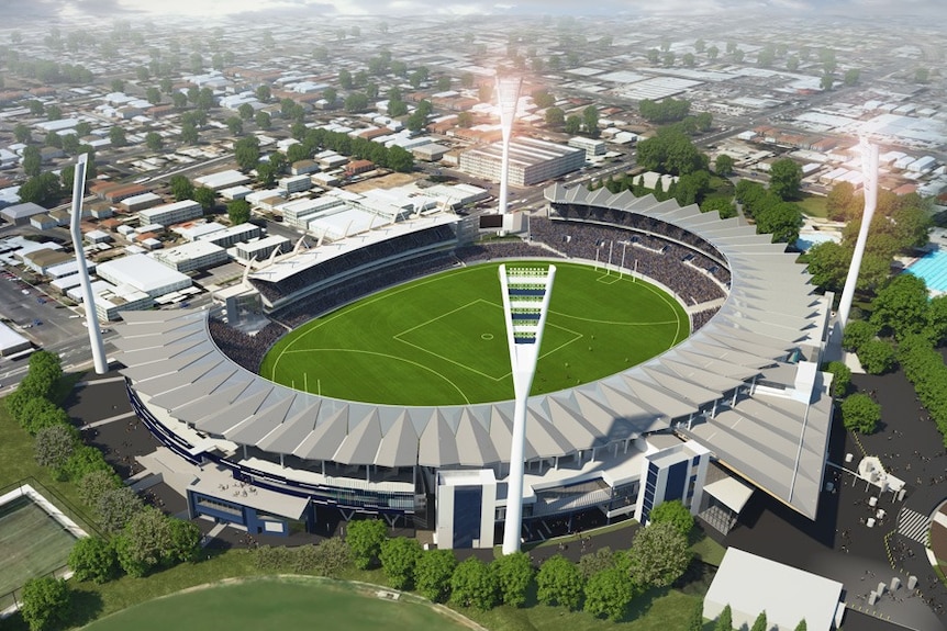 An artist's impression of the redevelopment of Kardinia Park, Geelong, showing the stadium from above.