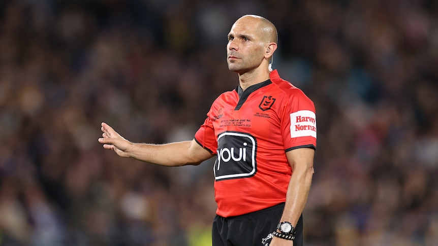 Referee Ashley Klein points during the 2022 NRL grand final.