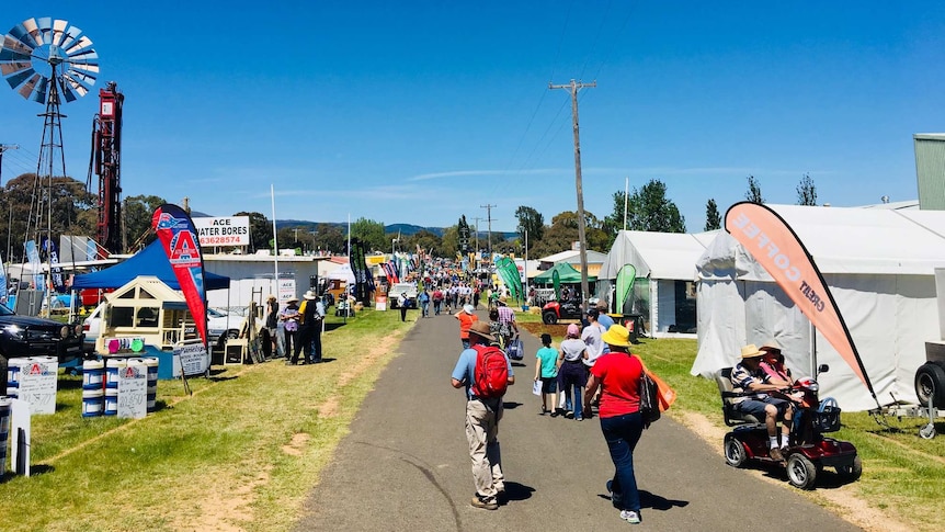 Under a clear, blue sky crowds of people walk between colourful tents and attractions at an agricultural show.