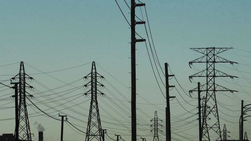 High voltage power lines leading into the Port Kembla industrial area and steel works, Wollongong.