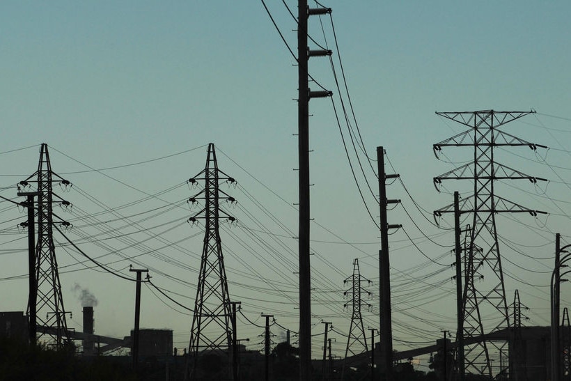 High voltage power lines leading into the Port Kembla industrial area and steel works, Wollongong.