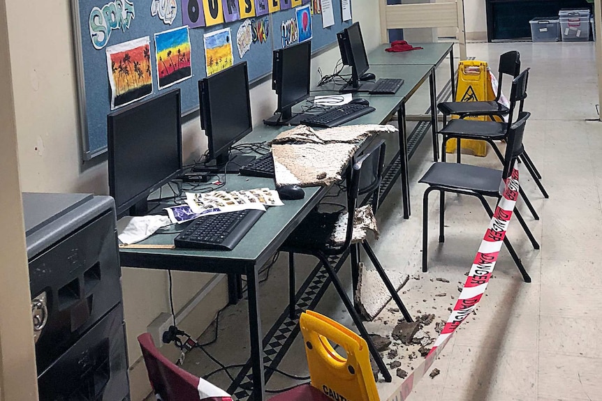 Image of debris from a collapsed section of the ceiling at Wales Street Primary School in Thornbury, Victoria