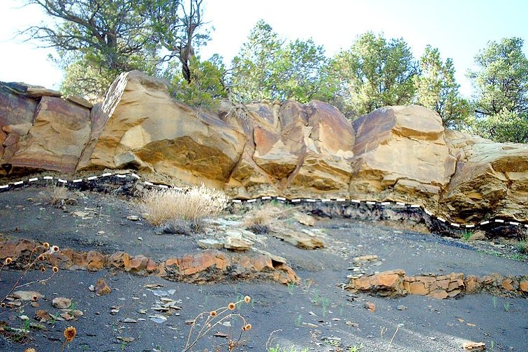 A dashed line between darker rocks and lighter rocks shows the Cretaceous-Tertiary boundary (K-T boundary)