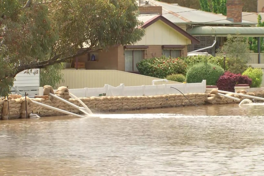 Water being pumped out of a flooded front yard