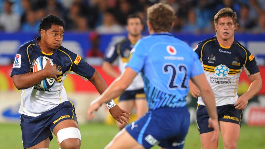 The Brumbies' Ita Vaea with the ball in his team's 36-34 Super rugby thriller against the Bulls.