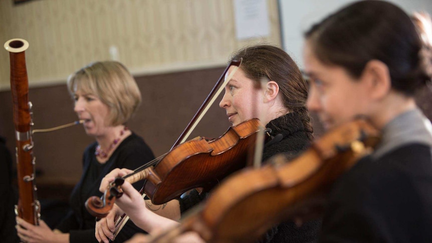 Two violinists  and a bassoon player during a performance.