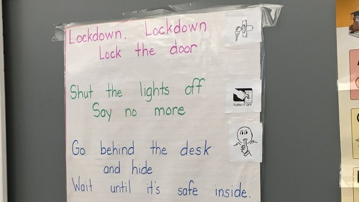 The lockdown poem taped to the chalkboard of a kindergarten in the United States. Posted on June 7, 2018.