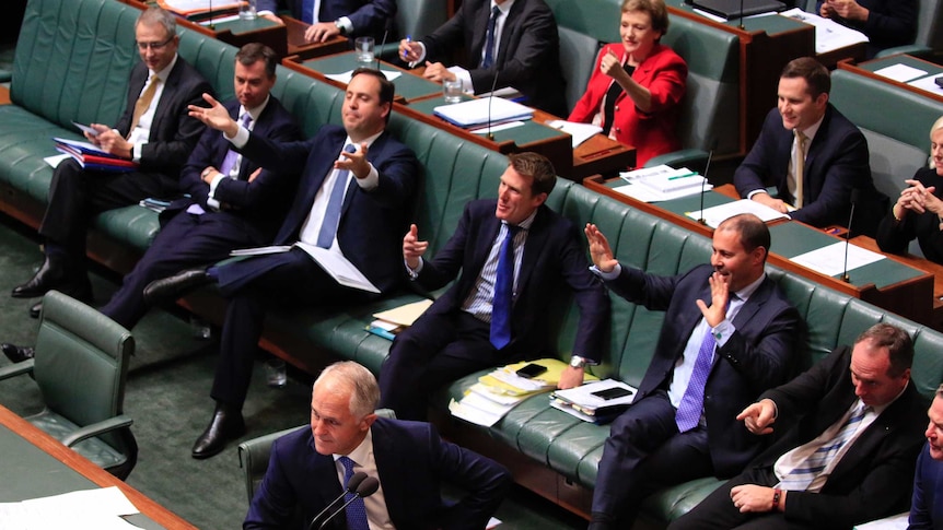 One woman, wearing a red jacket, is visible amongst her male Liberal colleagues.