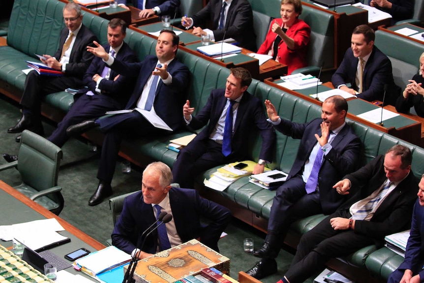 One woman, wearing a red jacket, is visible amongst her male Liberal colleagues.