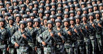 Soldiers of China's People's Liberation Army get ready for the military parade.