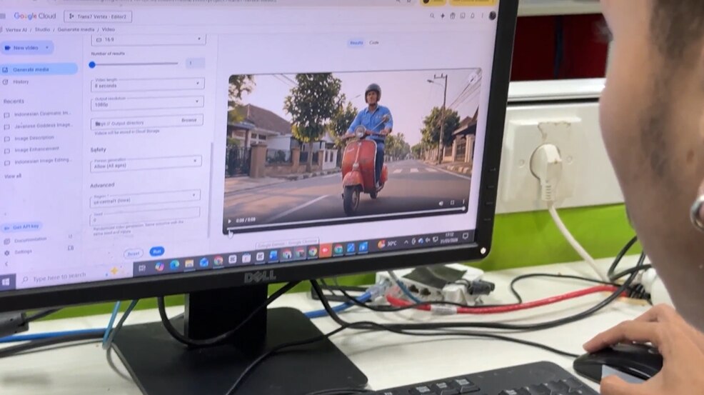 A screen showing a software that displays an AI-generated image of a man on a motorbike.