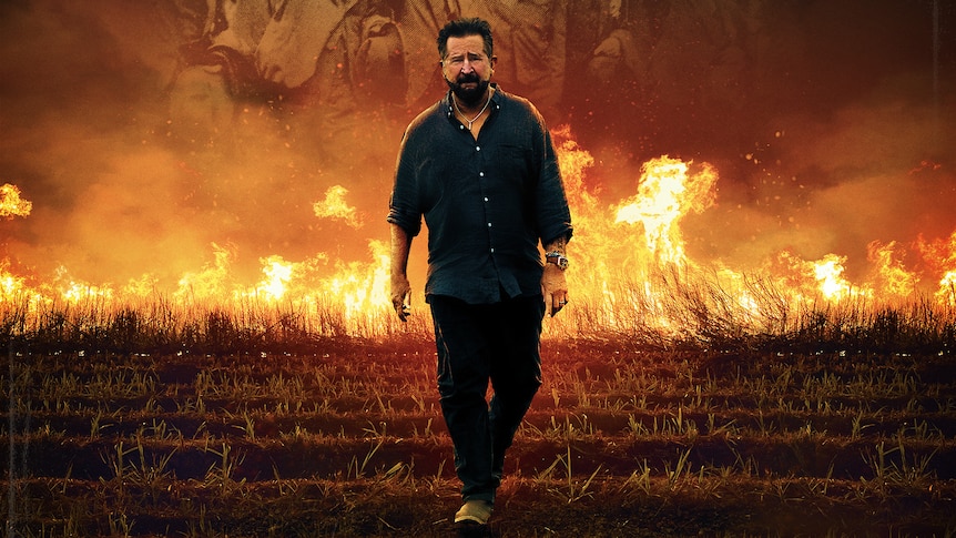 Anthony LaPaglia walking away from burning sugar cane with 'the black hand' title below him and abc logos