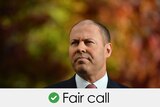 A middle-aged balding man in a business suit in an autumn scene and the words 'fair call'.