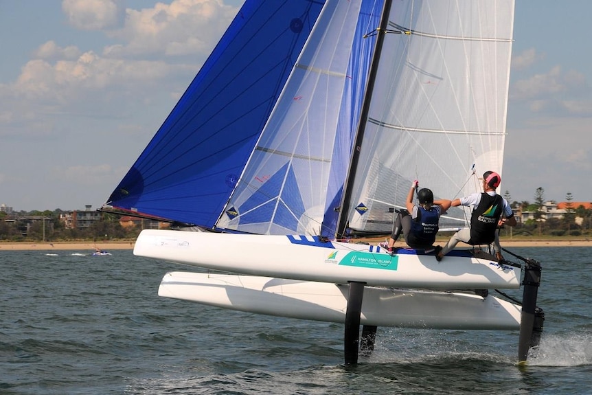 Alexandra South sailing a Nacra 17 with her skipper