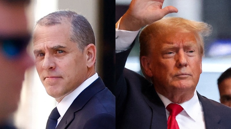 A composite image shows headshots of Hunter Biden and Donald Trump