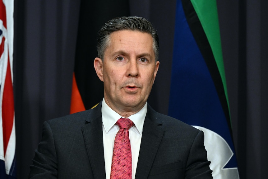 Minister for Health Mark Butler gives a press conference in front of the Aboriginal and Torres Strait Islander flags