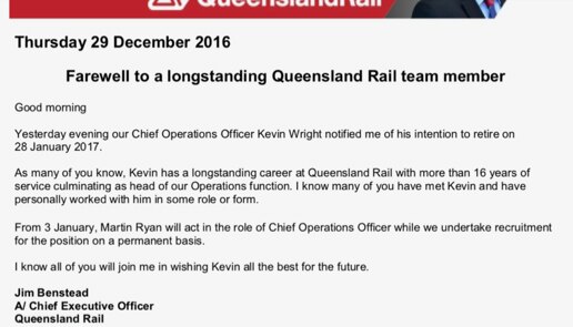 A letter from Qld Rail CEO announcing the resignation