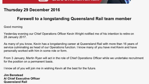 A letter from Qld Rail CEO announcing the resignation
