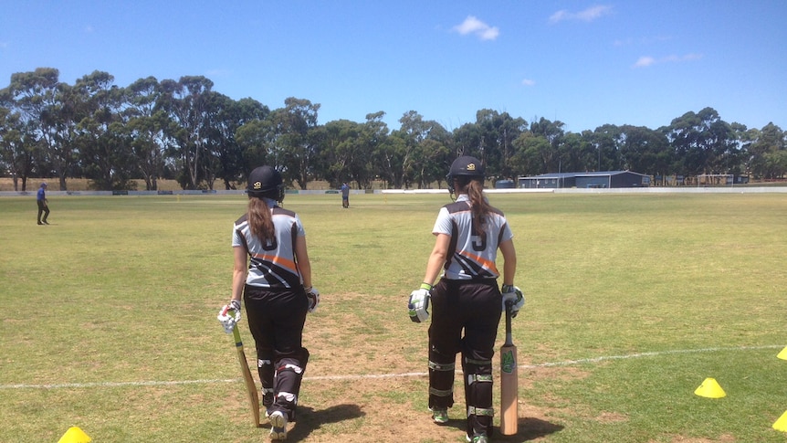 Two cricket players walk onto cricket field.