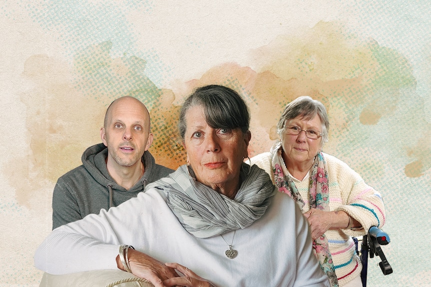 A collage of one man and two women with a splattered watercolour effect in the background.