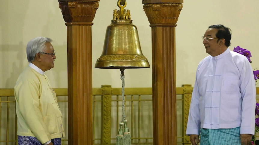 Myanmar tycoon Serge Pun and Maung Maung Thein, head of Securities and Exchange Commission, at the stock exchange launch