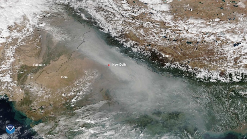 A satellite image shows a dense layer of grey smog over Northern India looming larger than white clouds.