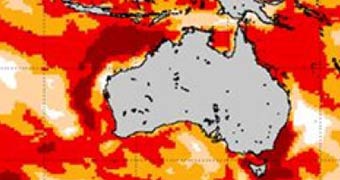 Heat map showing predicted ocean warming around Australia in 2015/16