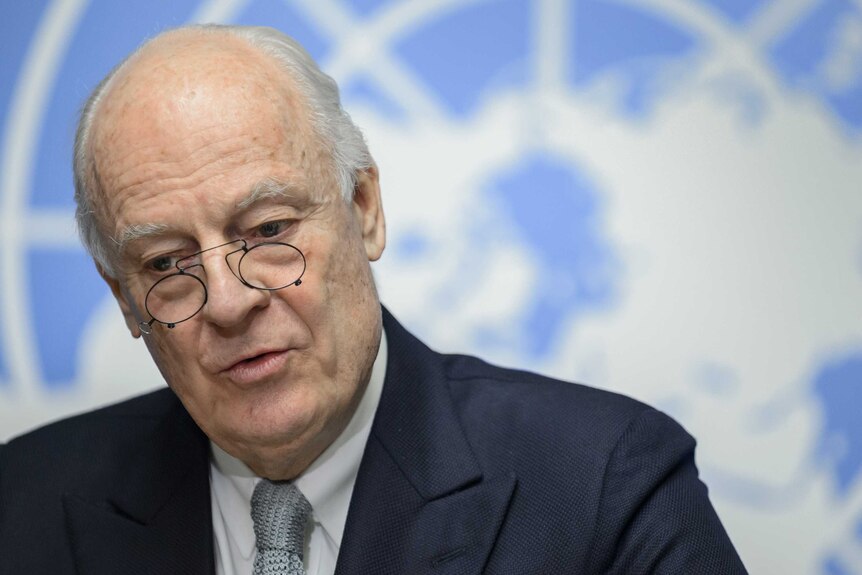 UN Syria envoy Staffan De Mistura speaks at the United Nations Offices.