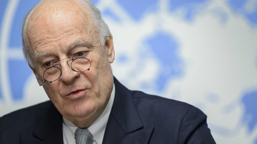 UN Syria envoy Staffan De Mistura speaks at the United Nations Offices.