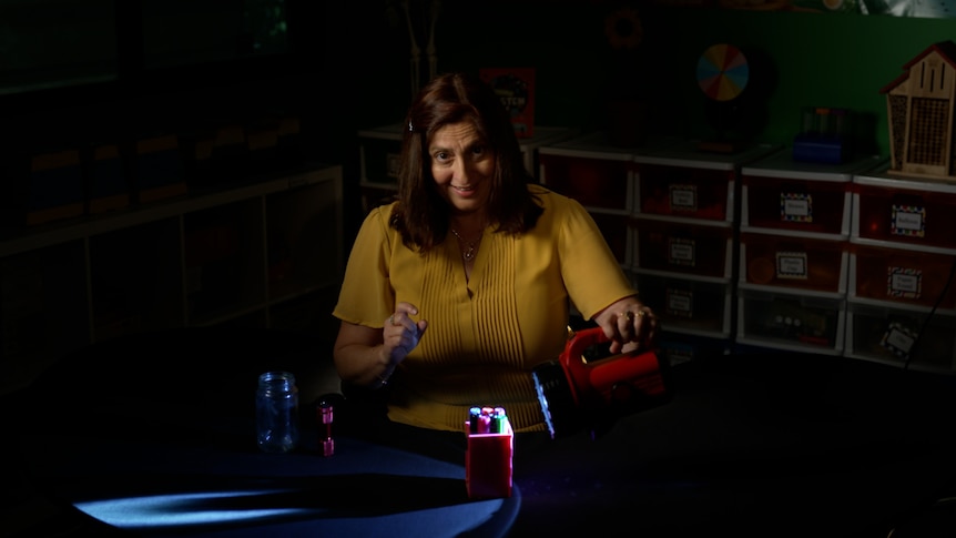 Female science teacher shines torch on objects to create shadow