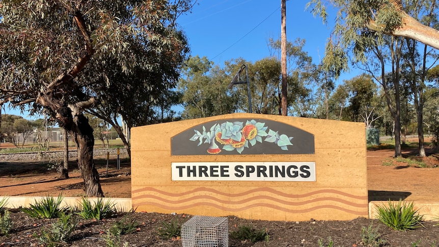 A limestone wall with a "Three Springs" sign and a flower mural.
