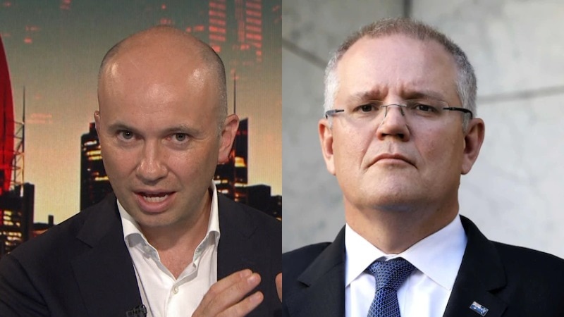 A composite image of Matt Kean speaking on Q+A, and Scott Morrison speaking at a press conference.