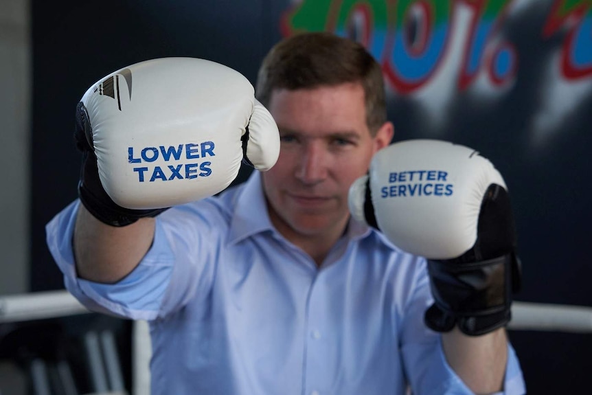 Alistair Coe punches at the camera with a boxing glove saying "lower taxes". The glove on his other hand says "better services".