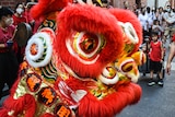 A chinese dragon on a street with a crowd behind it, wearing masks