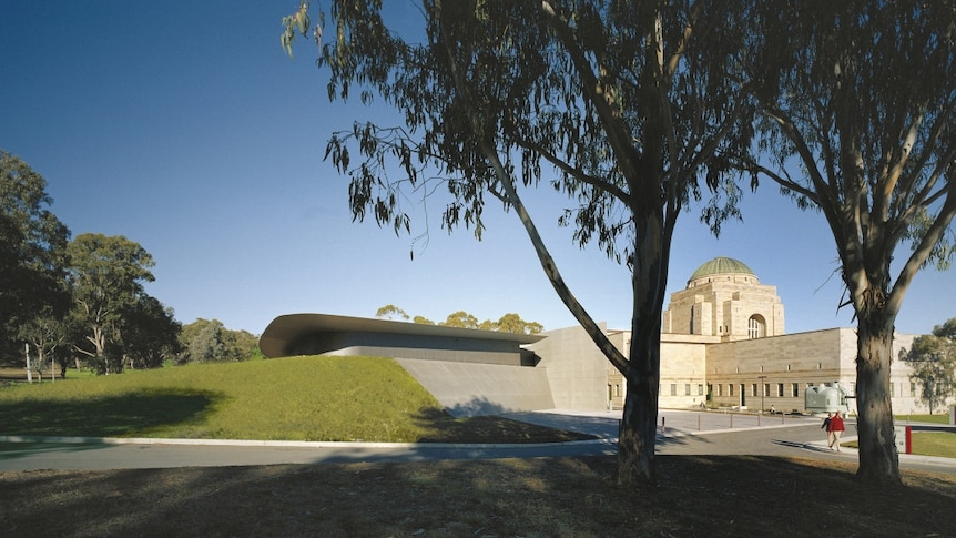 The rear of the Australian War Memorial is seen behind Eucalypts, with the sweep of Anzac Hall folding into a green hill.