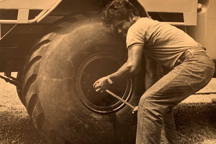 Peter Pangquee OAM and the tyres from a DC3 that Mick Gill fitted to their cars to stop them getting bogged.