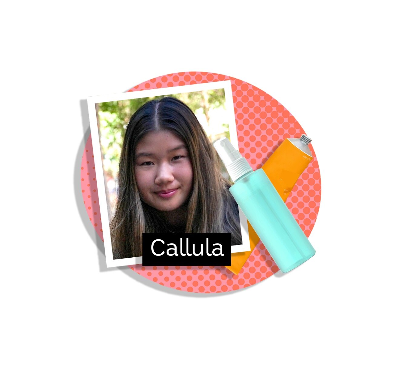 A photo of a smiling girl of Asian appearance inside a colourful graphic with skincare products and the word Callua.