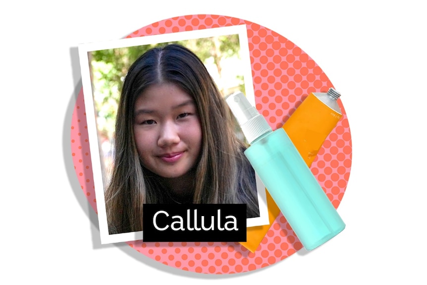 A photo of a smiling girl of Asian appearance inside a colourful graphic with skincare products and the word Callua.