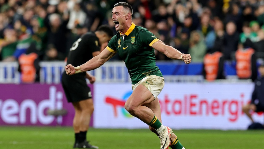 Jesse Kriel celebrates Springboks winning rugby World Cup final