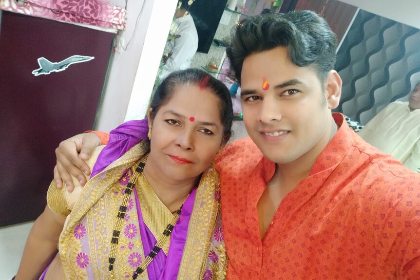 Gaurav Singh, a crew member on the stranded bulk carrier Anastasia, in a selfie photograph with his mother.