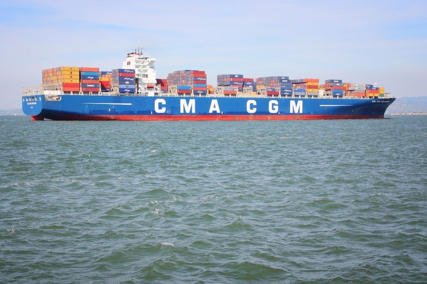 A large container ship, with many containers of different colours atop it, sails on the ocean. 'CMA CGM' is written on the side.