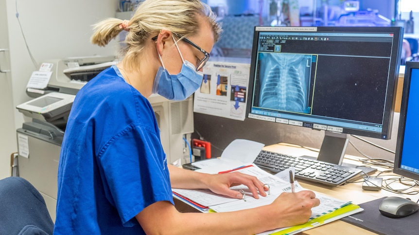 A female doctor wearing a mask fills out a form which an x-ray displays on her computer screen.